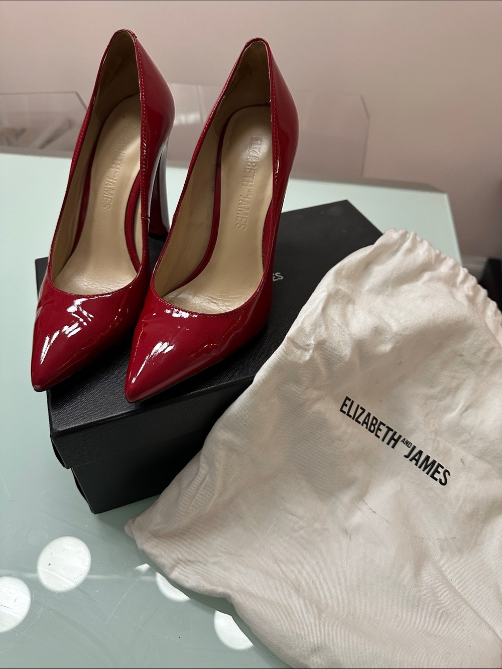 Elizabeth and James Glossy Red “Vino” Pointed Toe Pumps